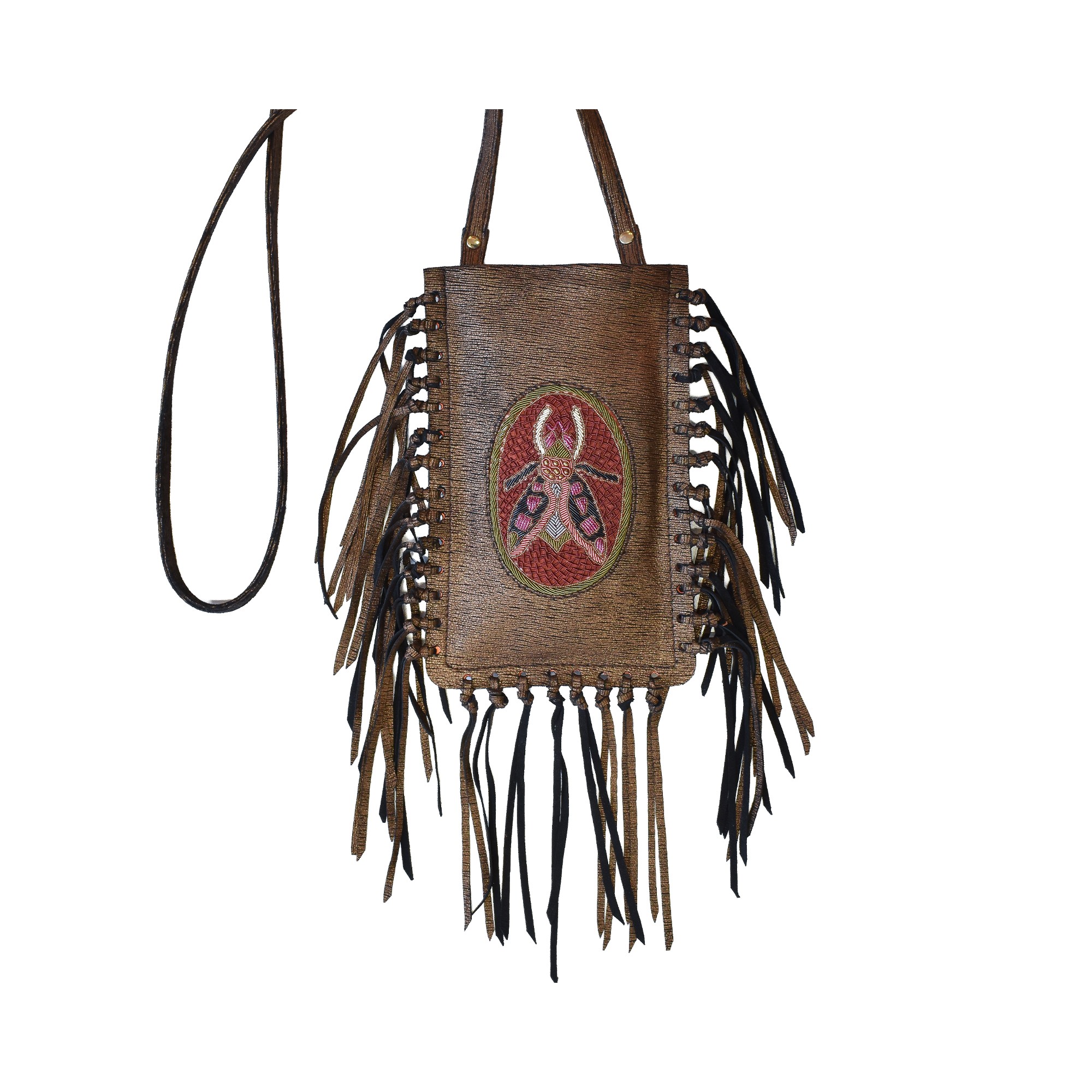 Meher Kakalia Limited-edition plush copper fringe phone bag with embroidered insect motif (online exclusive)