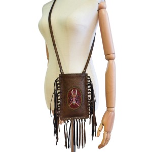 Copper-tone leather fringe phone bag made from small leftover stock with insect embroidery
