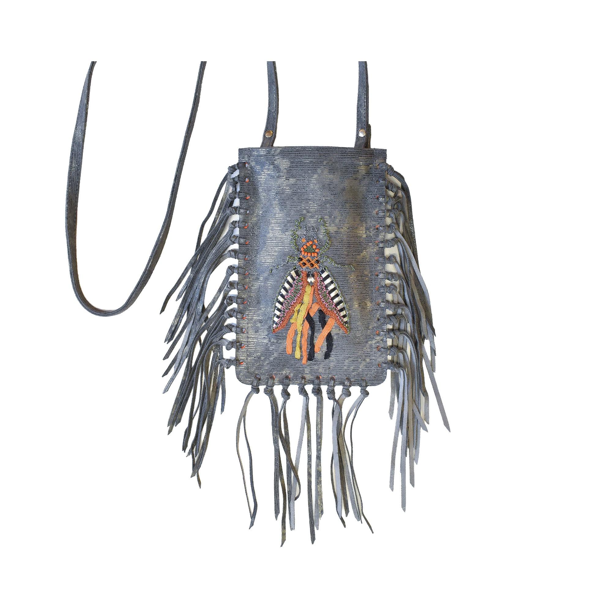 Meher Kakalia Limited-edition comet grey leather fringe phone bag with embroidered insect motif (online exclusive)