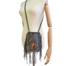 Meher KakaliaGrey leather fringe phone bag made from small leftover stock with insect embroidery
