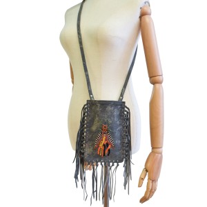 Grey leather fringe phone bag made from small leftover stock with insect embroidery