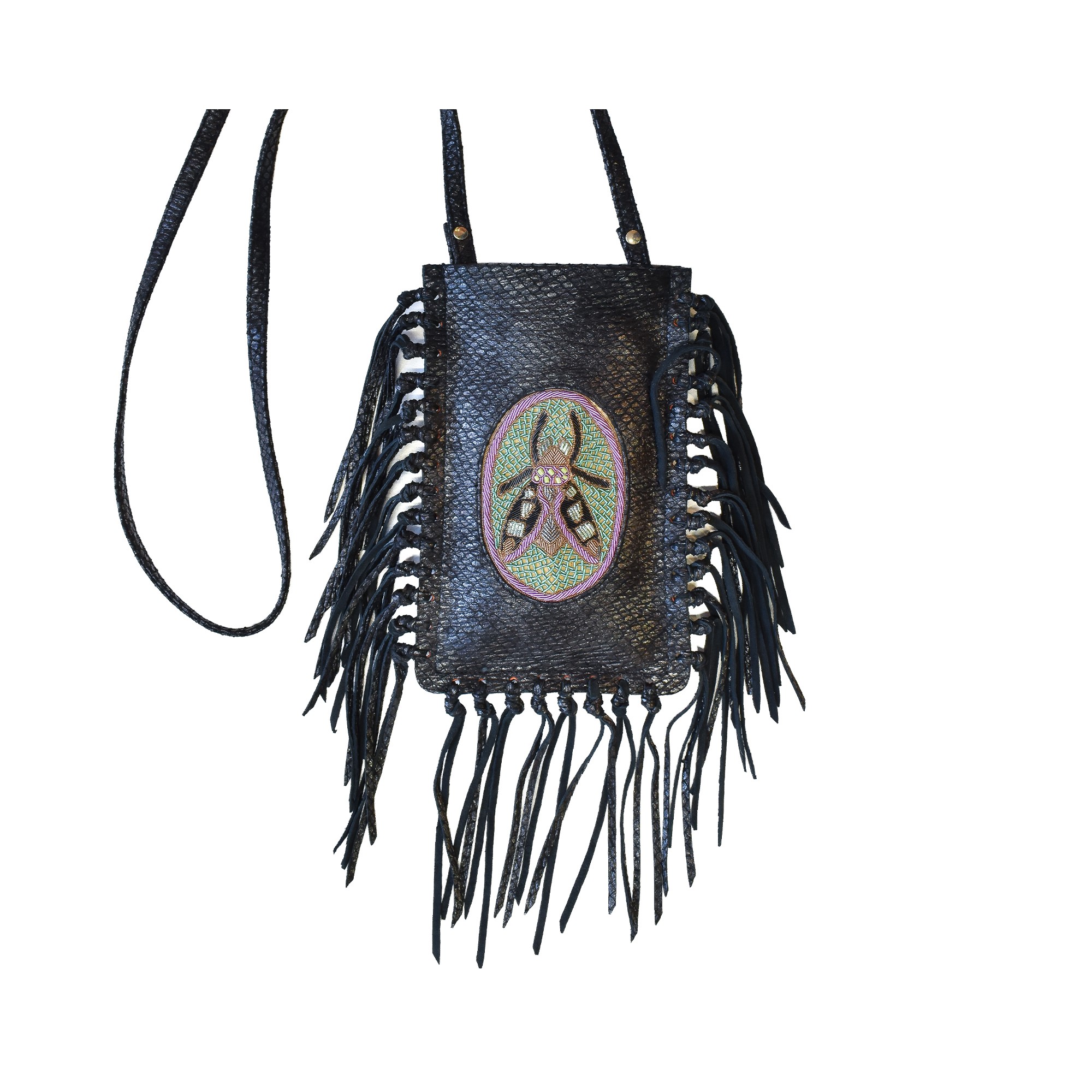Meher Kakalia Limited-edition magma black fringe phone bag with embroidered insect motif (online exclusive)