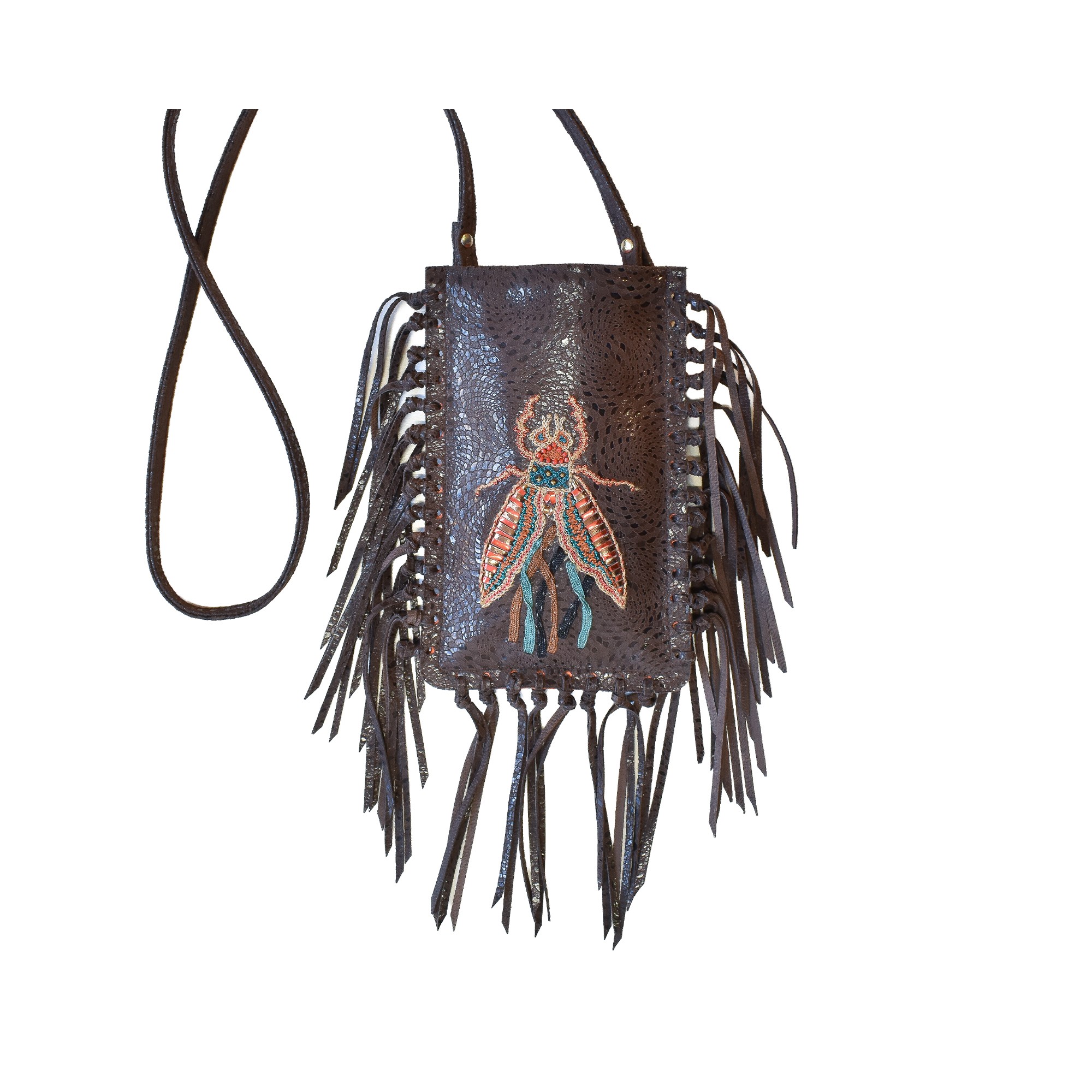Meher Kakalia Limited-edition dark brown fringe phone bag with embroidered insect motif (online exclusive)