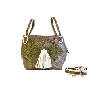 Meher Kakalia Bunny Bag in croc-embossed army leather with hand-embroidered green panels and white tassels.