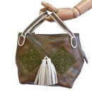 Meher KakaliaMeher Kakalia Bunny Bag in croc-embossed army leather with hand-embroidered green panels and white tassels.