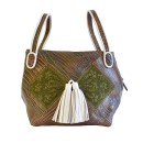 Meher KakaliaMeher Kakalia Bunny Bag in croc-embossed army leather with hand-embroidered green panels and white tassels.