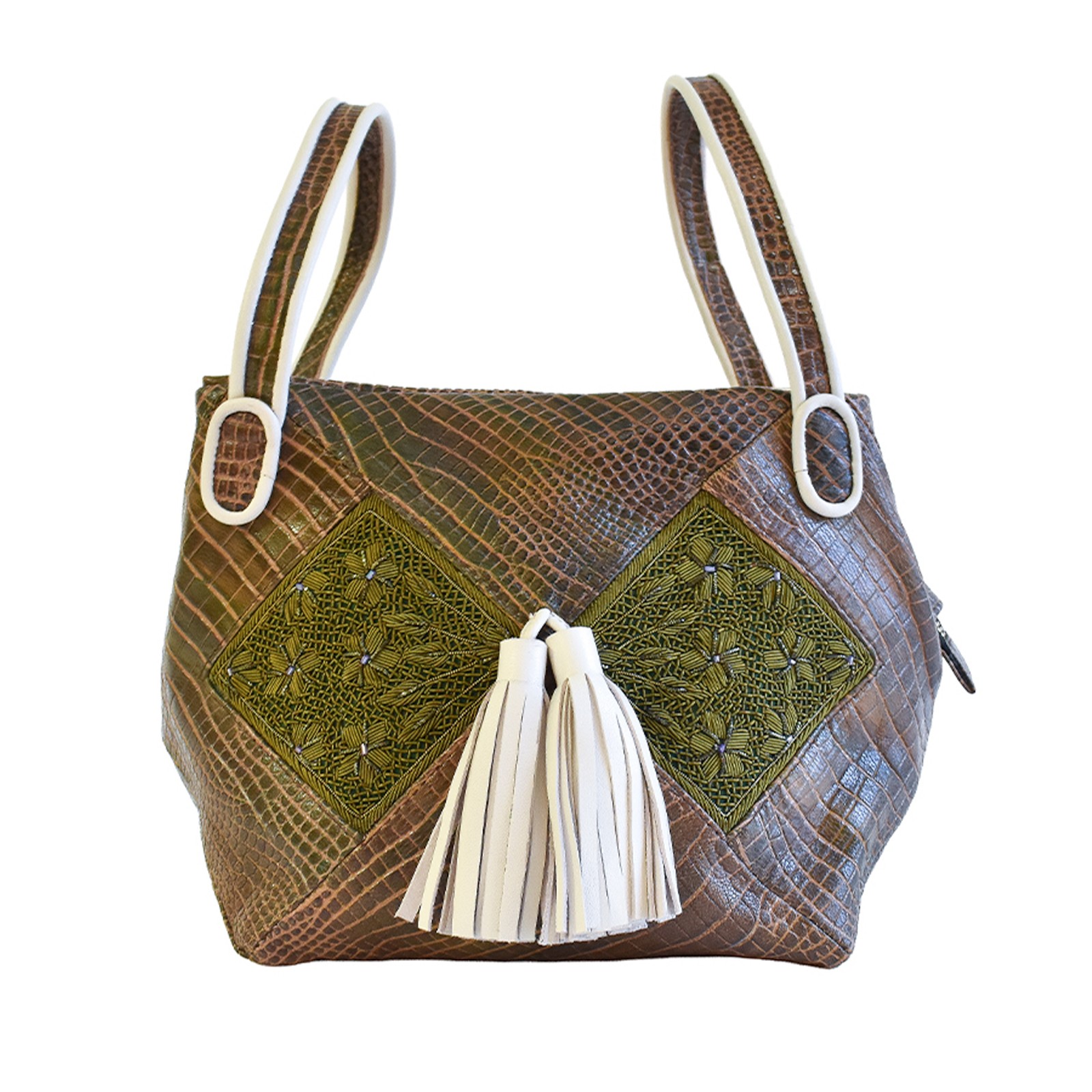 Meher Kakalia Bunny Bag in croc-embossed army leather with hand-embroidered green panels and white tassels.