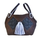 Meher KakaliaNubuck brown Meher Kakalia Bunny Bag with embroidered panels and rope-blue detachable strap.