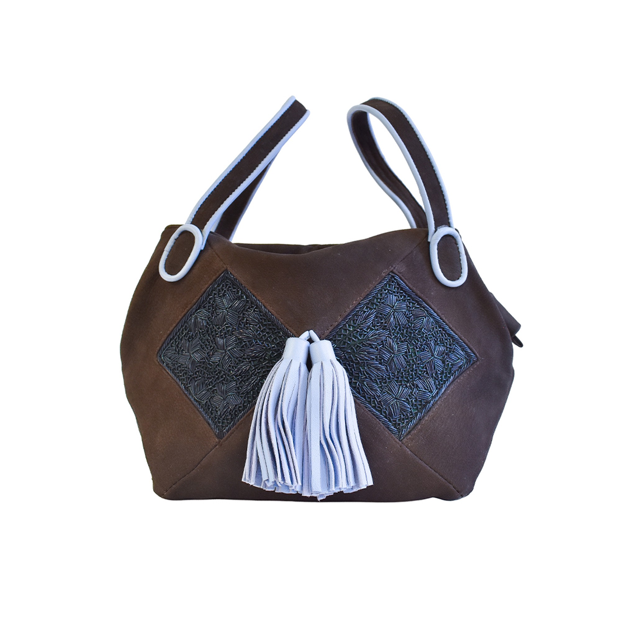 Meher Kakalia Nubuck brown Meher Kakalia Bunny Bag with embroidered panels and rope-blue detachable strap.