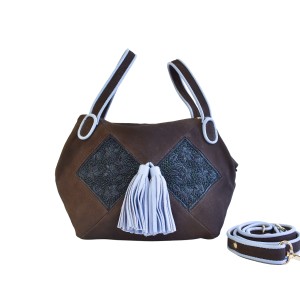 Nubuck brown Meher Kakalia Bunny Bag with embroidered panels and rope-blue detachable strap.