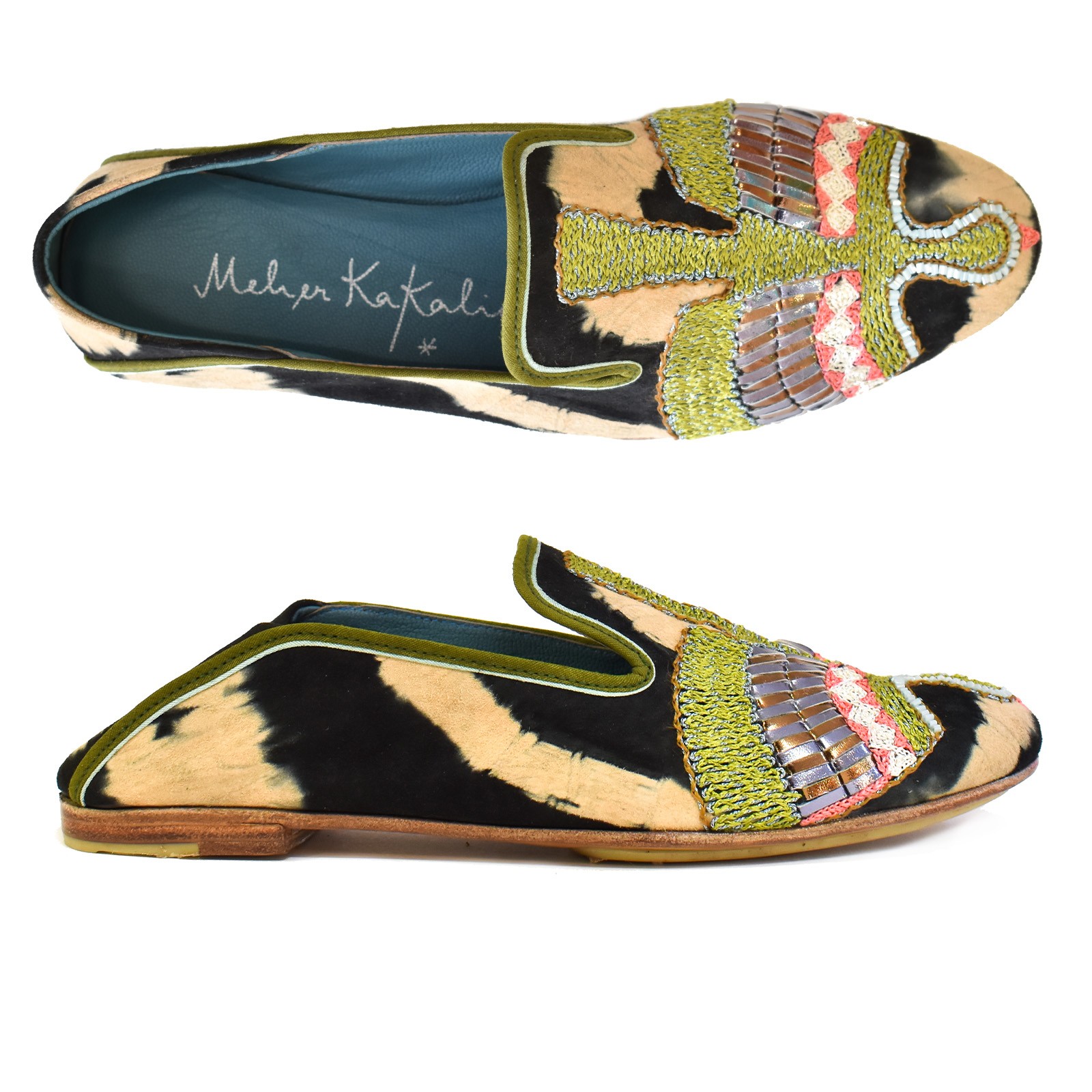 Meher Kakalia embroidered moccasin for women in black and beige tie-dye suede with goat leather lining
