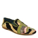 Meher KakaliaEmbroidered women’s moccasin flat in tie-dye suede, olive and metallic threadwork across the vamp