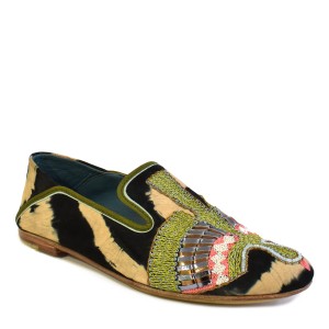 Embroidered women’s moccasin flat in tie-dye suede, olive and metallic threadwork across the vamp