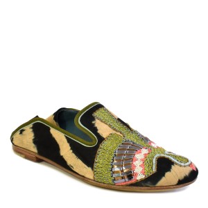 Embroidered women’s moccasin flat in tie-dye suede, olive and metallic threadwork across the vamp