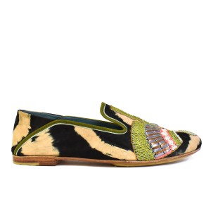 Side view of all leather Moccasin in black beige tie-dye suede leather with olive trim and embroidered vamp motif