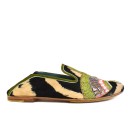 Meher KakaliaSide view of all leather Moccasin in black beige tie-dye suede leather with olive trim and embroidered vamp motif