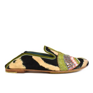 Side view of all leather Moccasin in black beige tie-dye suede leather with olive trim and embroidered vamp motif