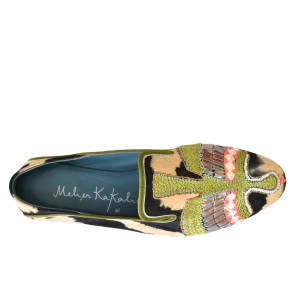 Top view of Meher Kakalia ANZU Moccasin in black and beige tie-dye suede with olive hand embroidery and metallic Mukesh detail