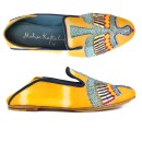 Meher KakaliaMeher Kakalia embroidered all leather moccasin in yellow tie-dye suede with goat leather lining and navy-edged topline