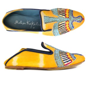 Meher Kakalia home Meher Kakalia embroidered all leather moccasin in yellow tie-dye suede with goat leather lining and navy-edged topline