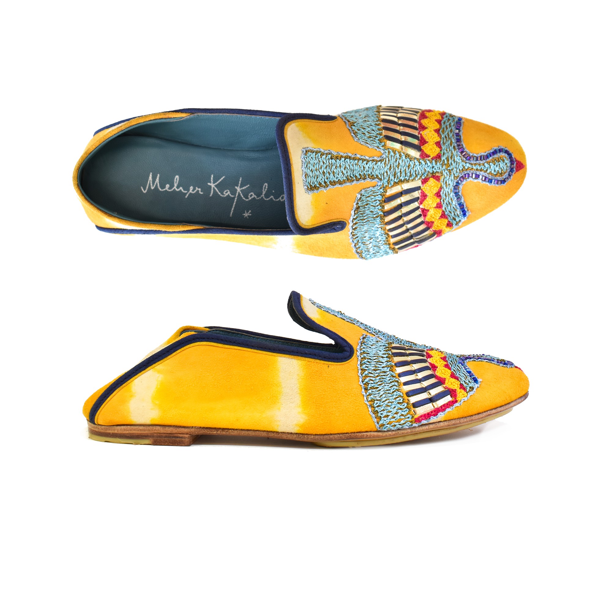 Meher Kakalia Meher Kakalia embroidered all leather moccasin in yellow tie-dye suede with goat leather lining and navy-edged topline