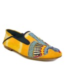 Meher KakaliaWomen’s embroidered moccasin flat in saffron suede with turquoise threadwork, metallic Mukesh, and red accents