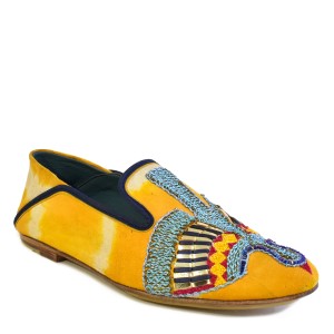 Women’s embroidered moccasin flat in saffron suede with turquoise threadwork, metallic Mukesh, and red accents