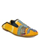 Meher KakaliaWomen’s embroidered moccasin flat in saffron suede with turquoise threadwork, metallic Mukesh, and red accents