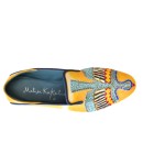 Meher KakaliaTop view of Meher Kakalia ANZU Moccasin in saffron yellow tie-dye suede with blue hand embroidery and Mukesh metallic detail
