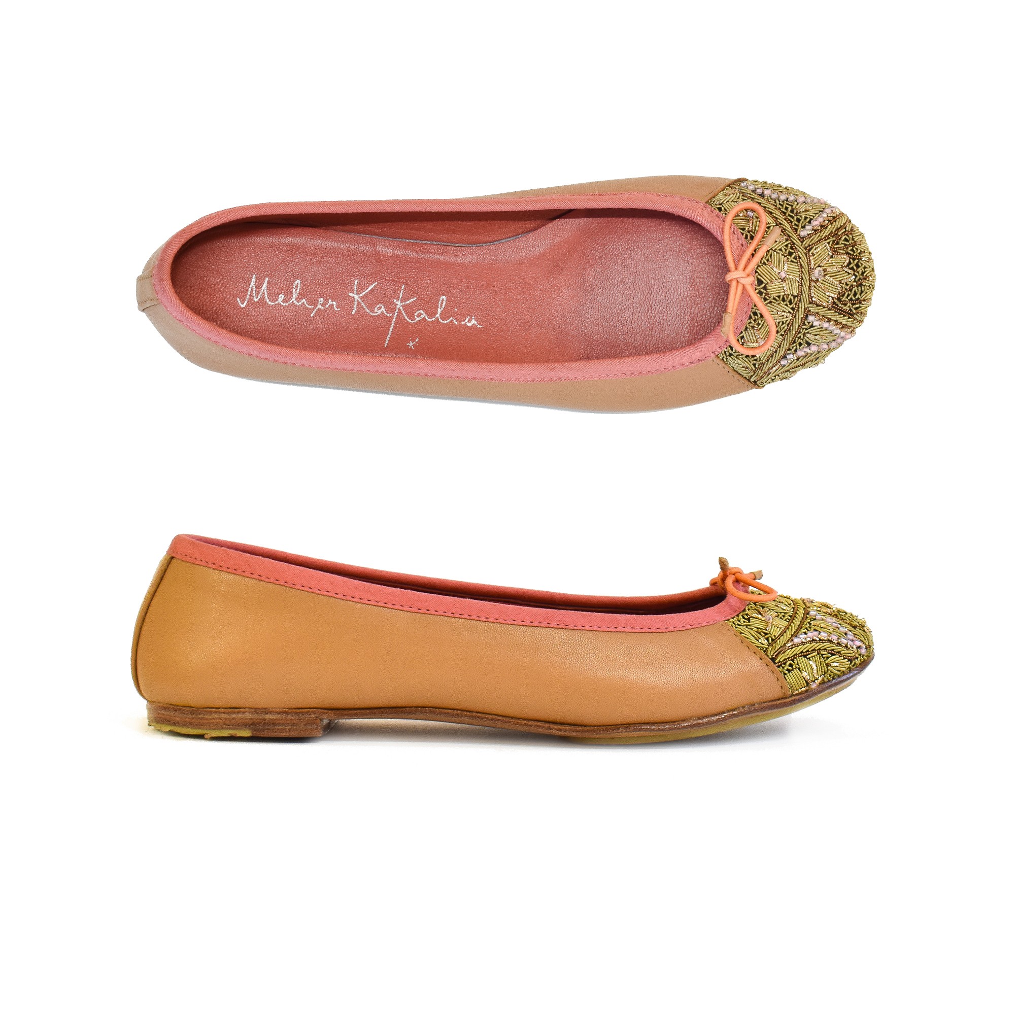 Meher Kakalia Women’s flat shoes in camel leather with classic ballerina silhouette, everyday ballet flats