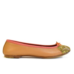 Women’s camel-coloured leather ballerina flats with gold embroidered toe, Meher Kakalia BIZI Ballet