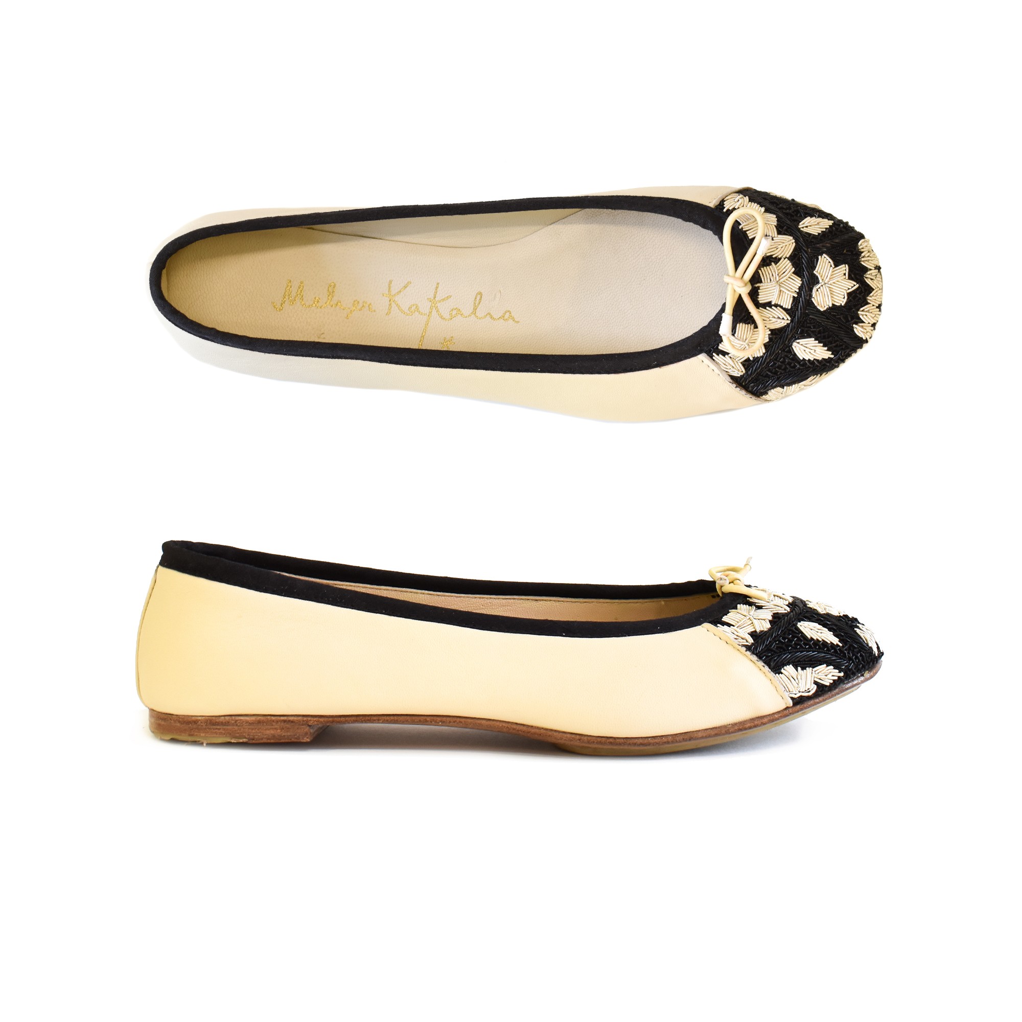 Meher Kakalia Women’s cream-white leather ballerina flats by Meher Kakalia, embroidered ballet flats with classic silhouette