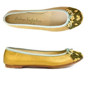 Meher Kakalia home Embroidered Leather Ballerina | BIZI BALLET – Classic lovato gold–olive gold | Meher Kakalia Footwear
