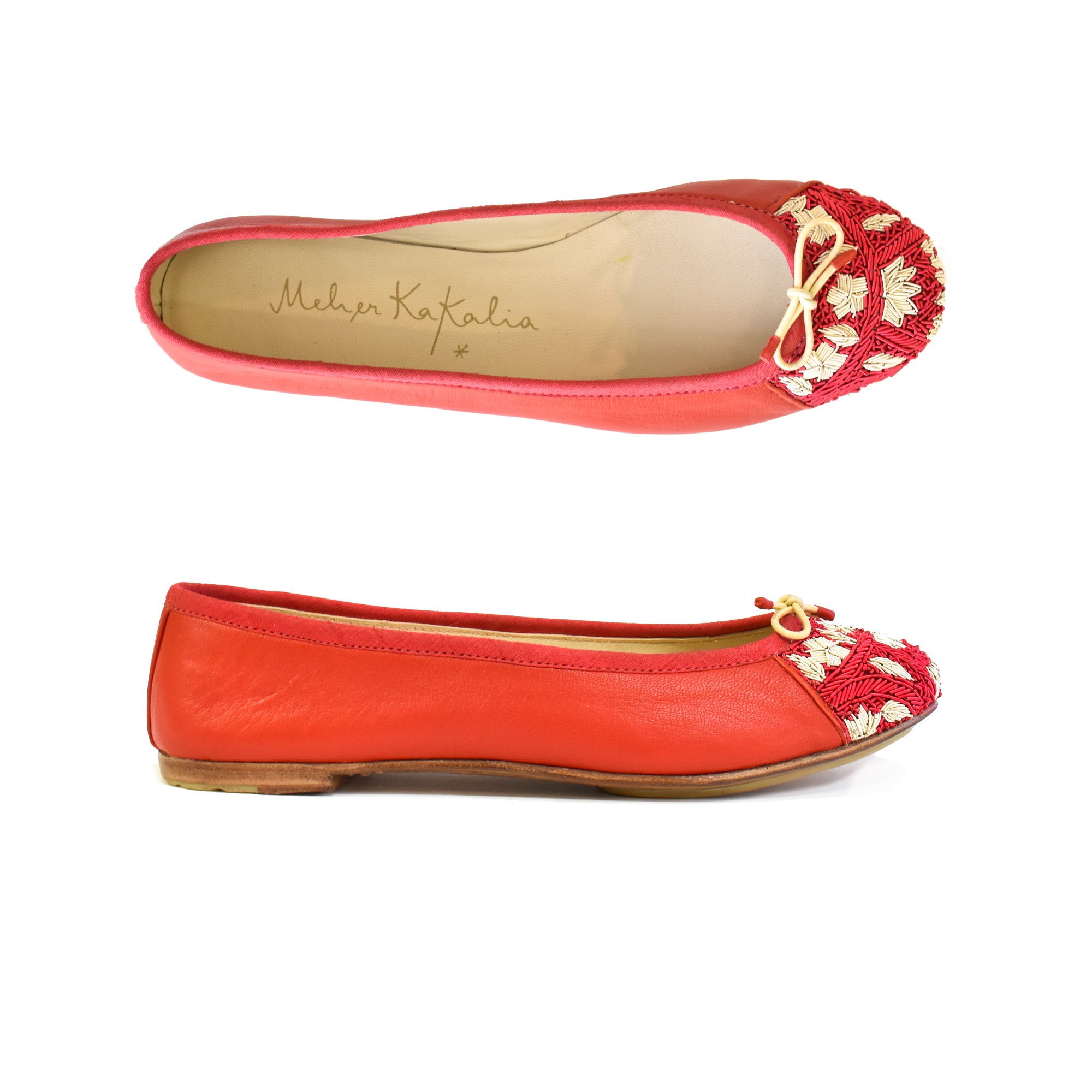 Meher Kakalia Embroidered Leather Ballerina | BIZI BALLET – Classic red–red cream | Meher Kakalia Footwear