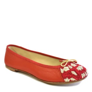 Embroidered Leather Ballerina | BIZI BALLET – Classic red–red cream | Meher Kakalia Footwear