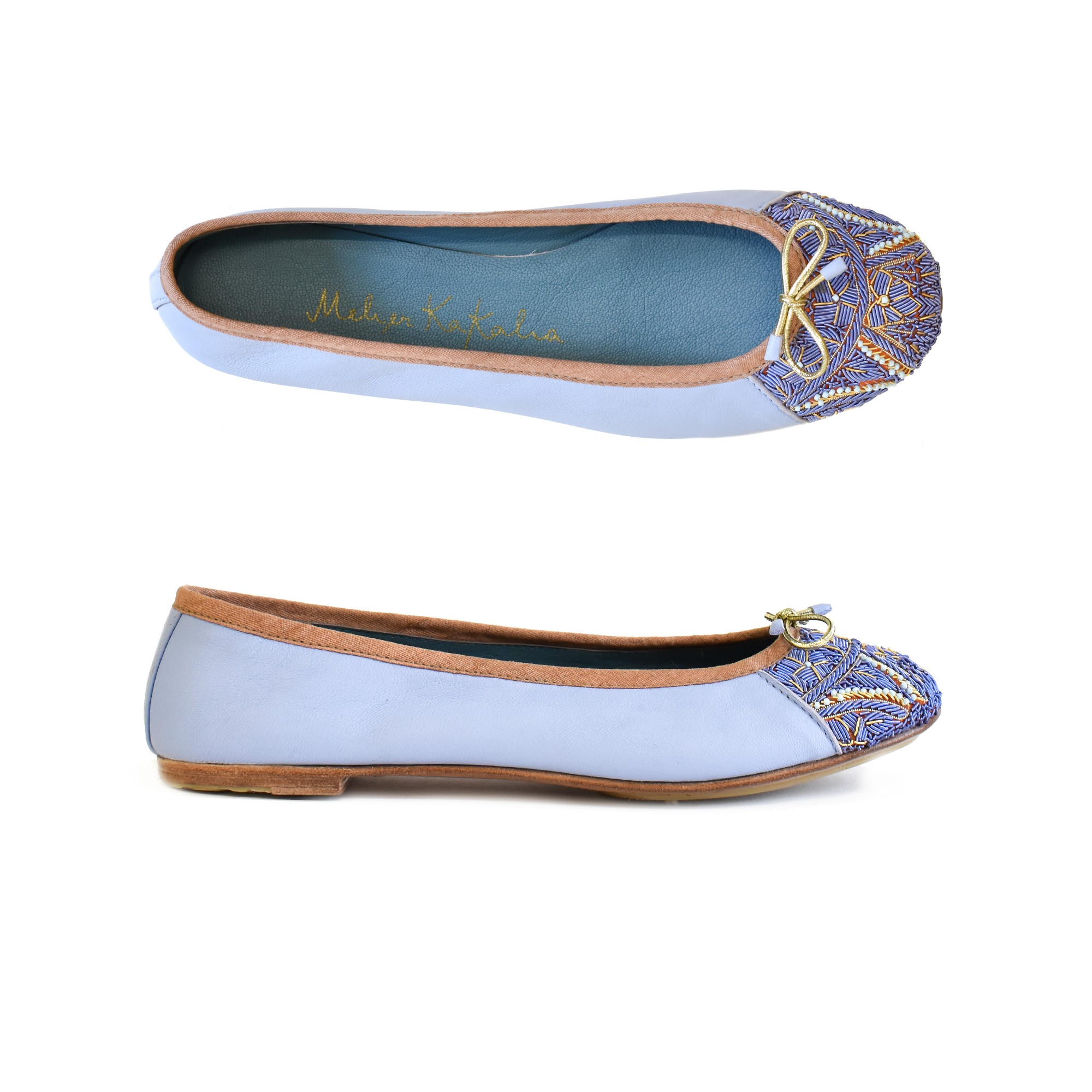 Meher Kakalia Embroidered Leather Ballerina | BIZI BALLET – Classic yacht blue–neva | Meher Kakalia Footwear