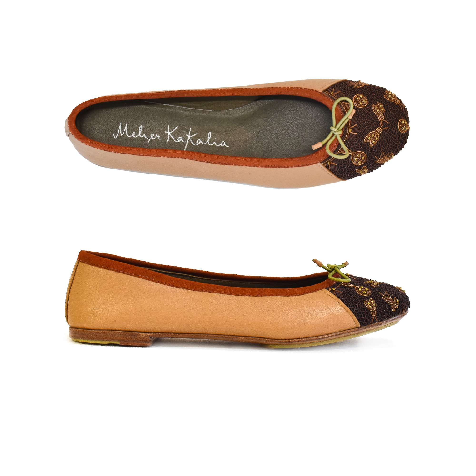 Meher Kakalia Camel tone embroidered leather ballerina with bronze insect motifs and dark brown coil embroidery