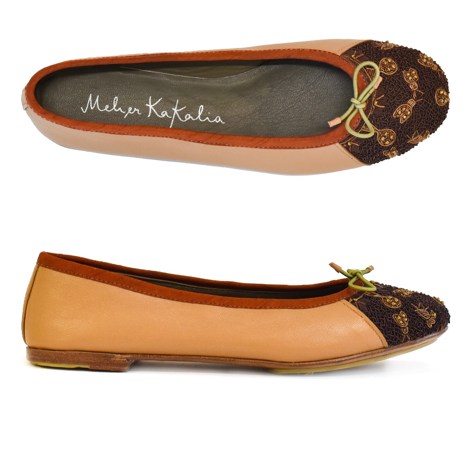 Camel tone embroidered leather ballerina with bronze insect motifs and dark brown coil embroidery
