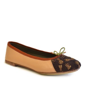 Brown leather ballerina for women featuring bronze winged motifs and textured brown embroidered toe