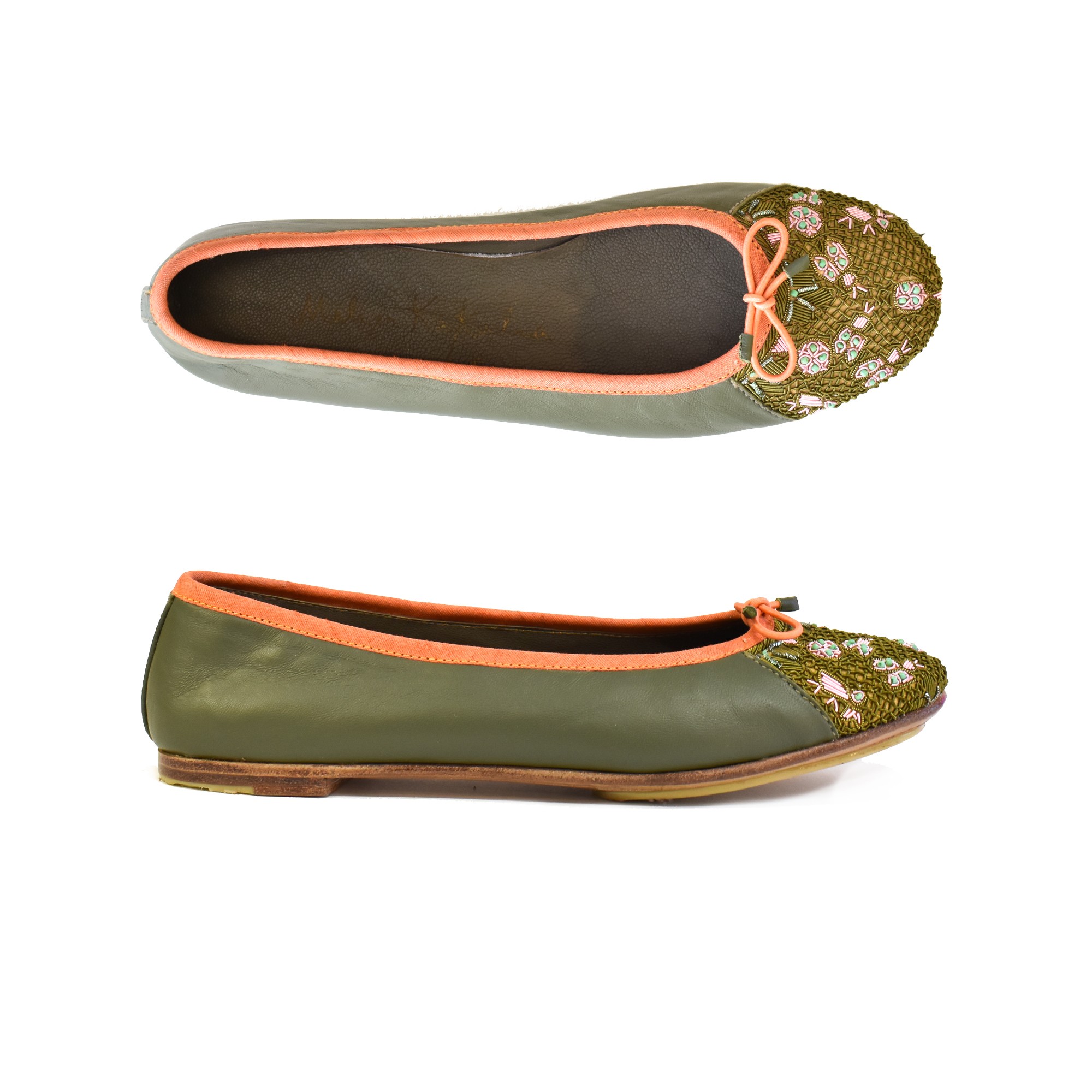Meher Kakalia Embroidered Leather Ballerina | EDEN BALLET – Classic olive–khaki | Meher Kakalia Footwear