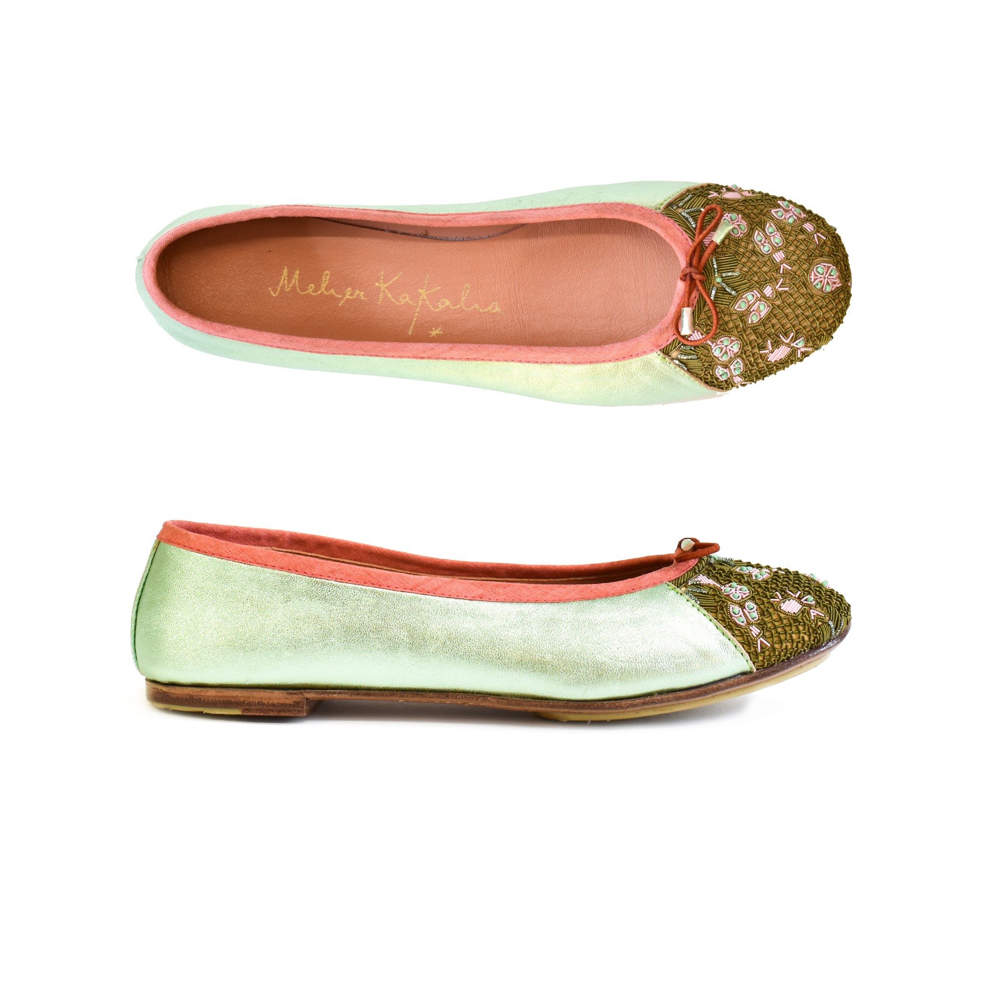 Meher Kakalia Embroidered Leather Ballerina | EDEN BALLET – Classic sonic emerald–khaki | Meher Kakalia Footwear