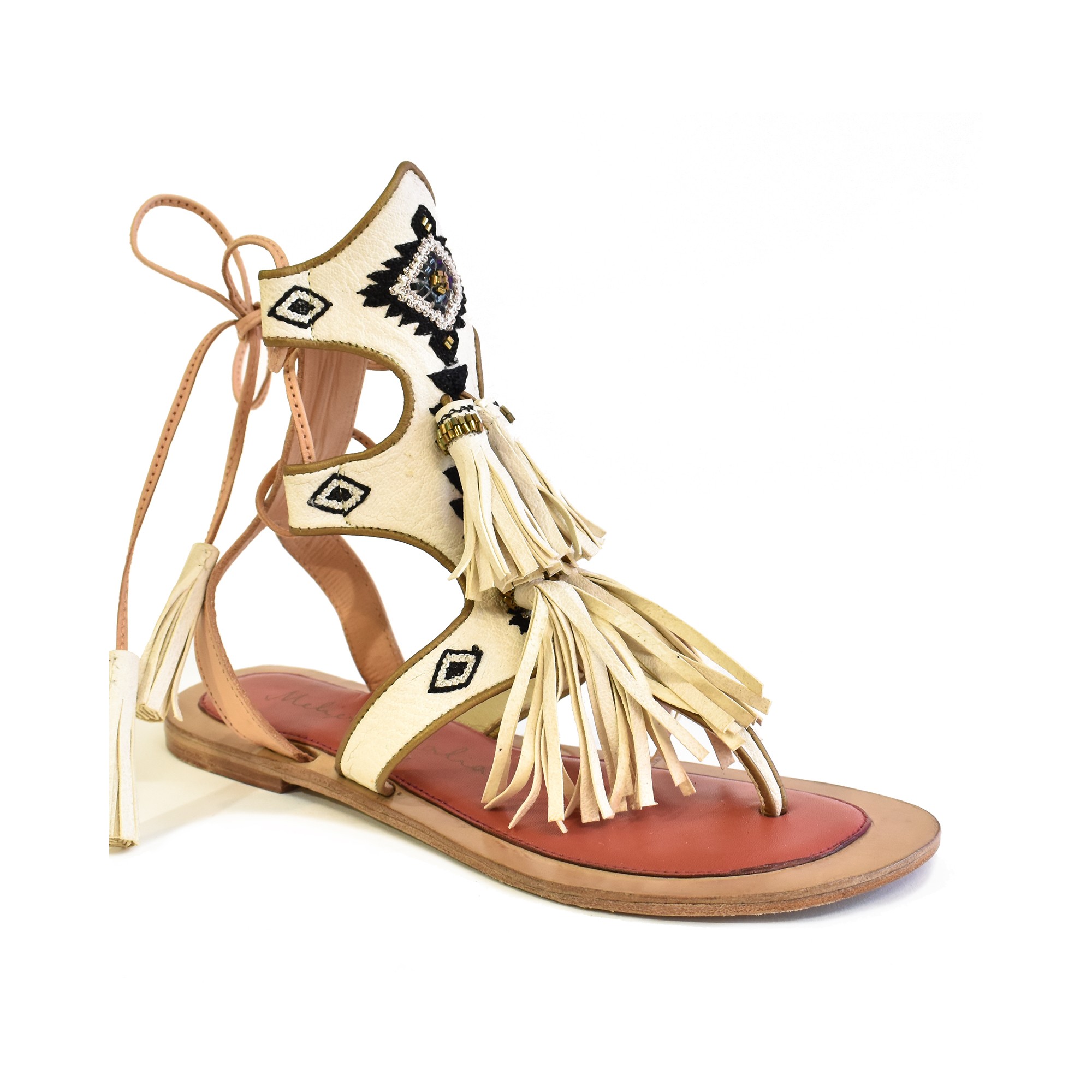 Meher Kakalia FLOWER MOON SANDAL – Tall Polar White | Lace-Up Embroidered Leather Sandals | Meher Kakalia Footwear