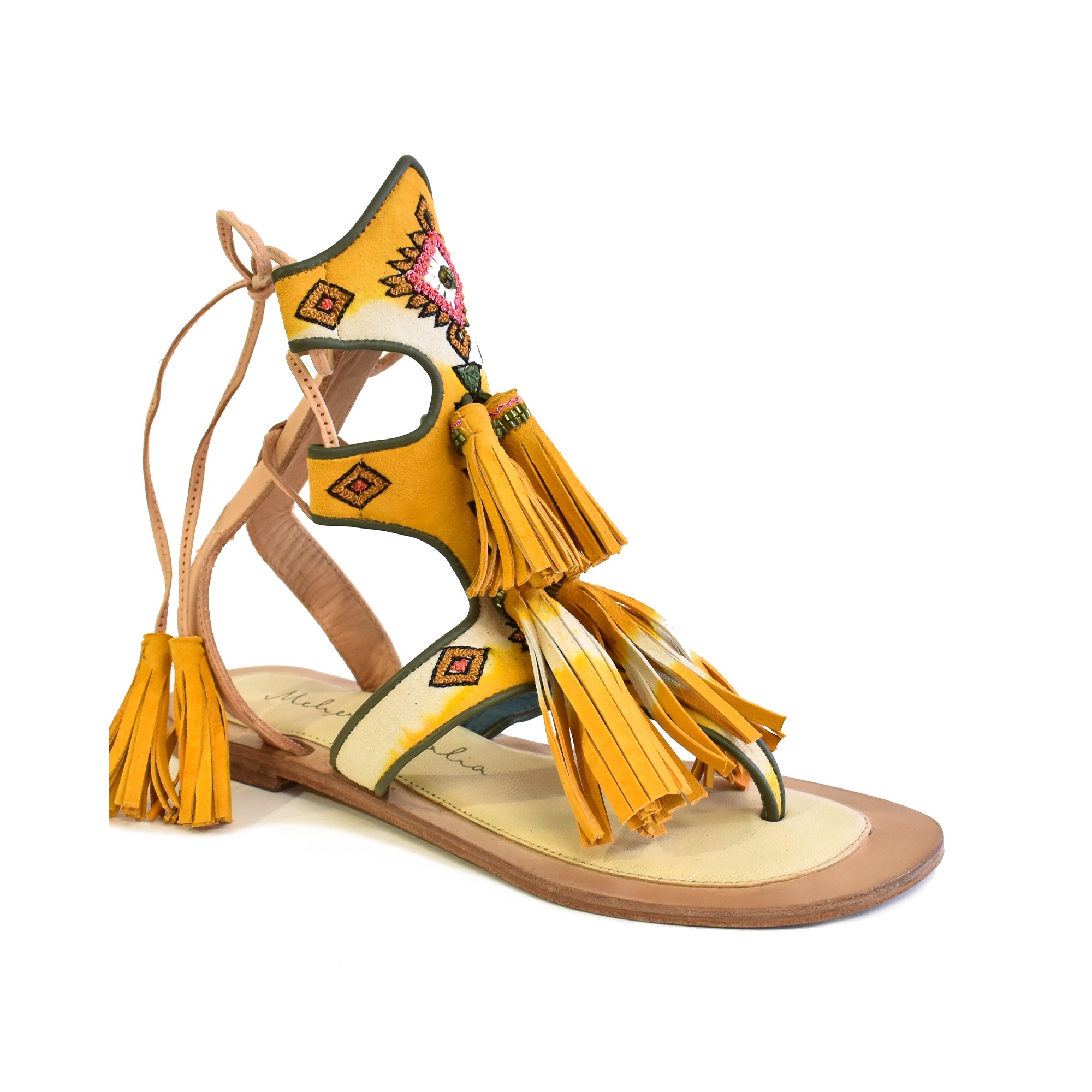 Meher Kakalia FLOWER MOON SANDAL – Tall TD Saffron | Lace-Up Embroidered Suede Sandals | Meher Kakalia Footwear