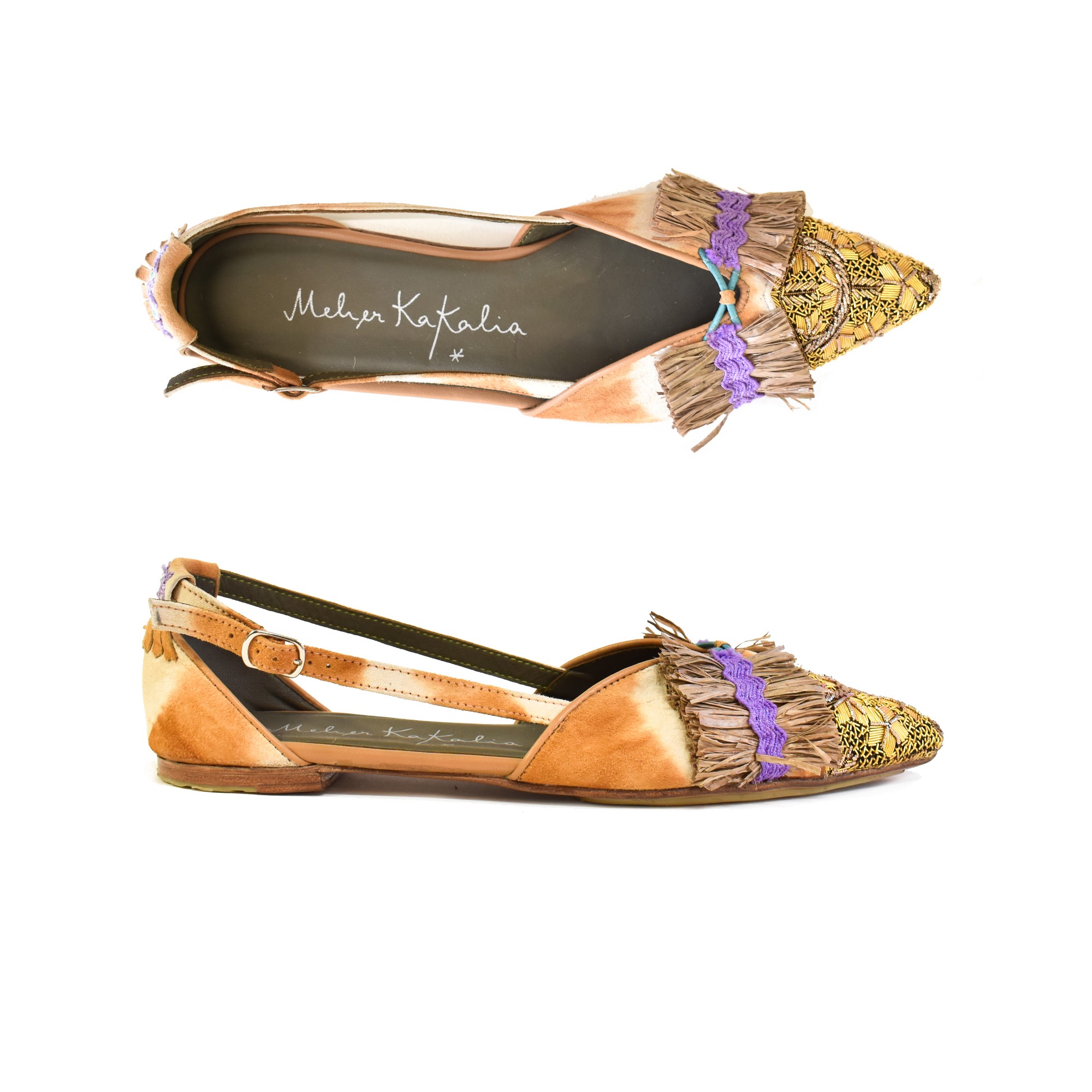 Meher Kakalia Embroidered Slingback Shoes | GRETA SLINGBACK td khaki grey–gold | Meher Kakalia Footwear