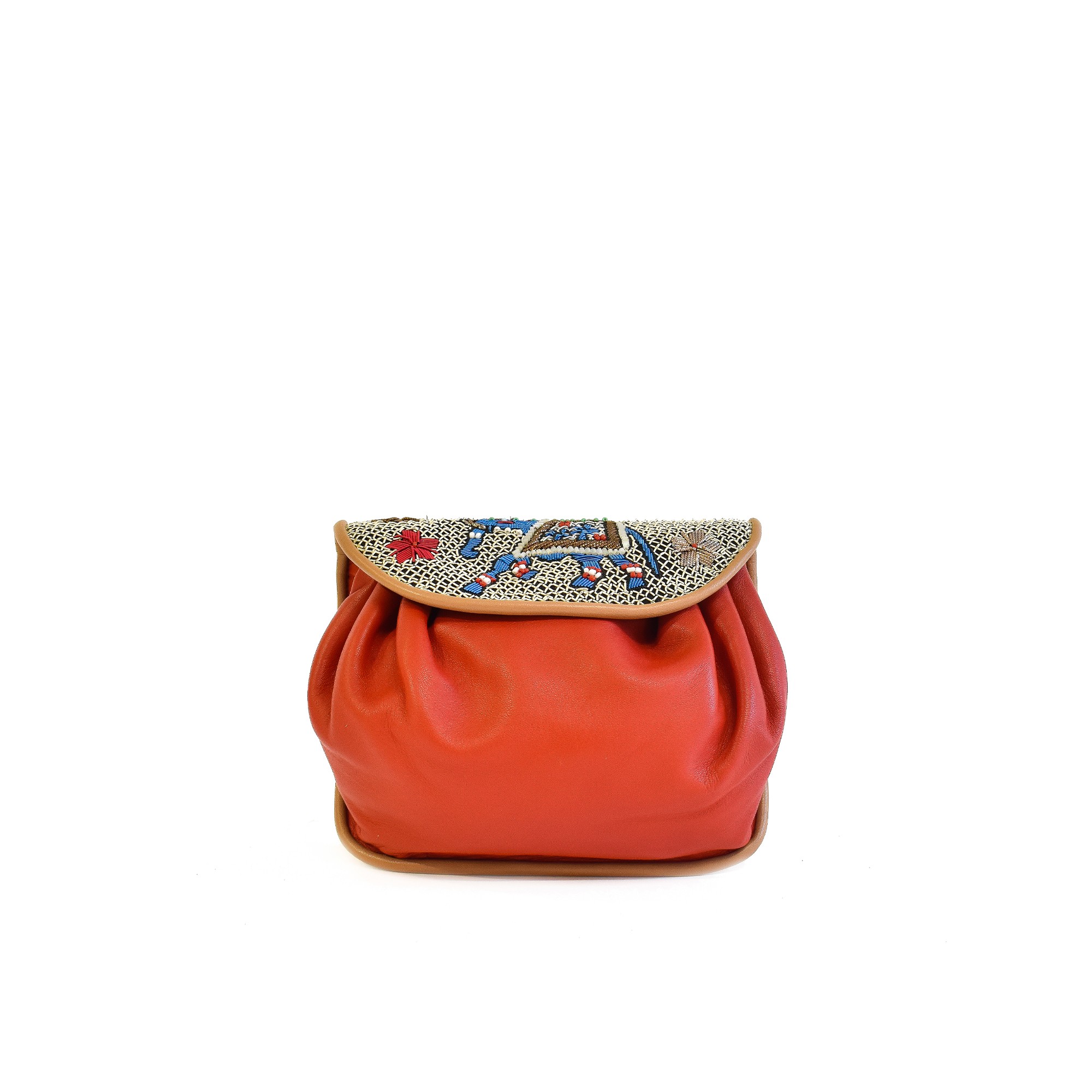 Meher Kakalia KIPLING ACCORDION BAG red-milk red leather crossbody bag with embroidered elephant flap.