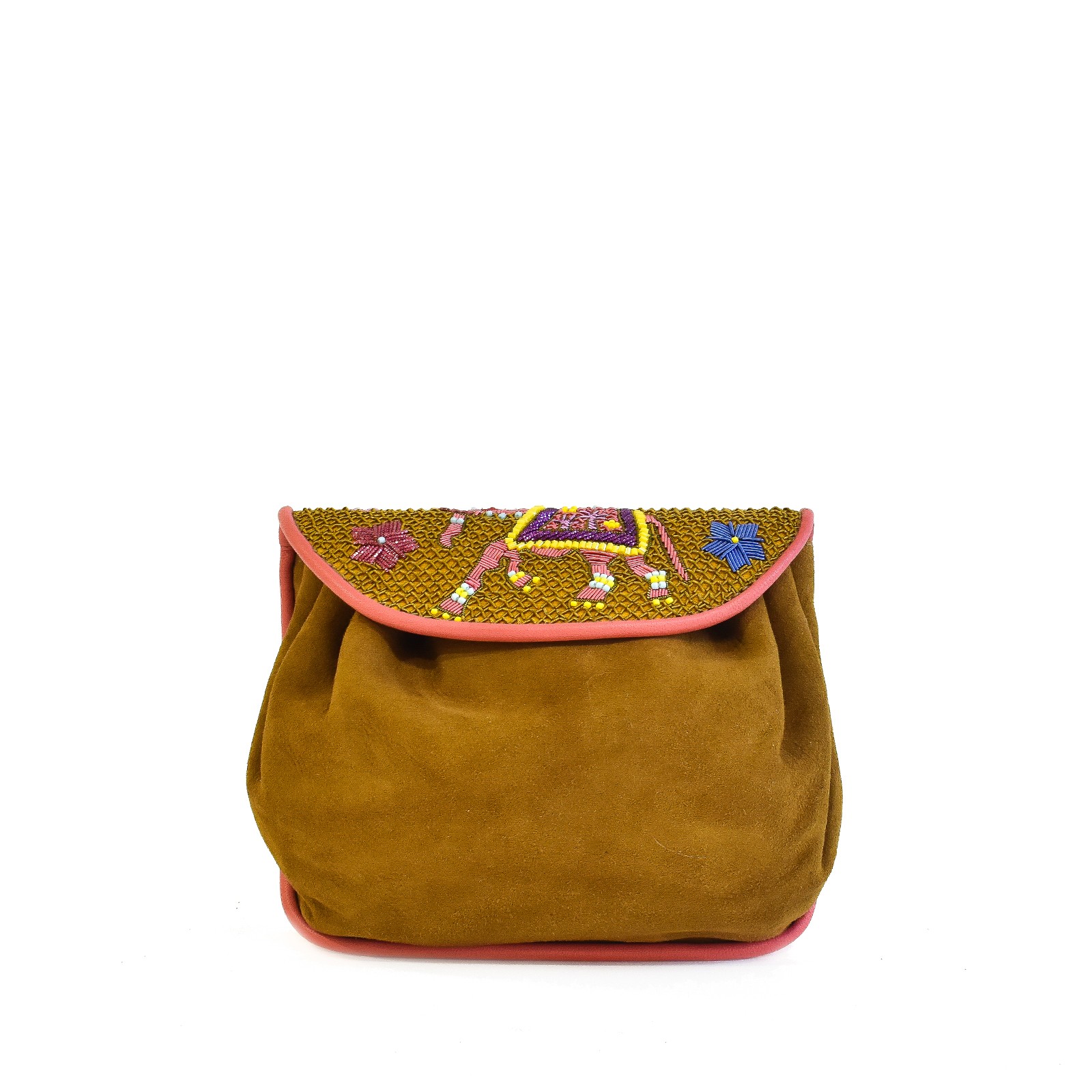 Meher Kakalia KIPLING ACCORDION BAG suede spice-ochre embroidered suede belt bag.