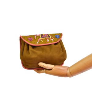 Women’s suede accordion bag in brown with handcrafted embroidered flap and gold hardware.