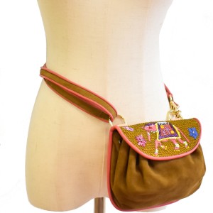 KIPLING ACCORDION BAG suede spice-ochre suede belt bag with embroidered elephant flap.