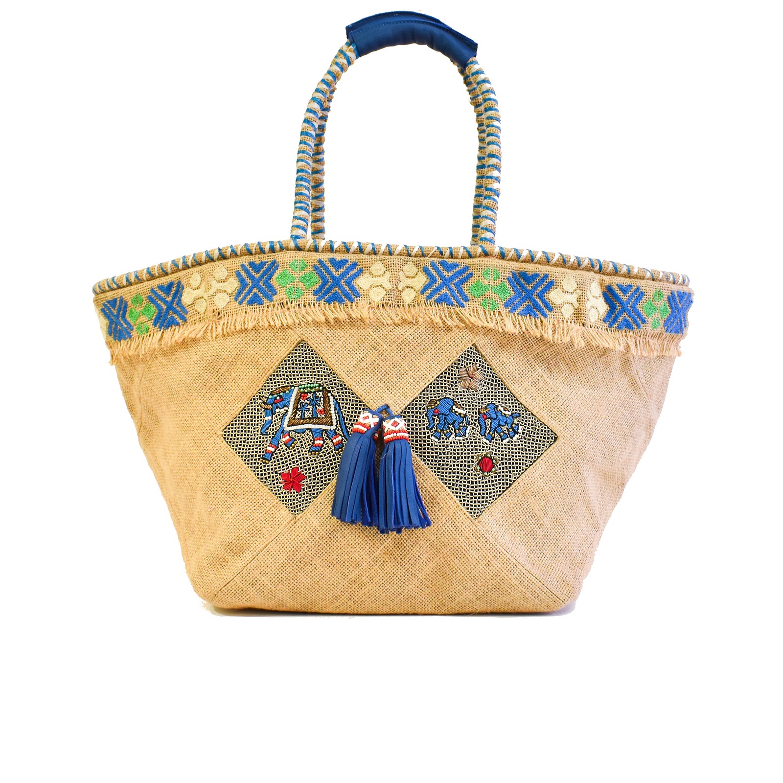 Large jute tote bag by Meher Kakalia with blue elephant embroidery and tassels