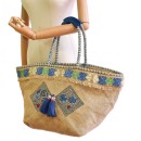 Meher KakaliaEmbroidered jute beach bag with braided handles and leather grip